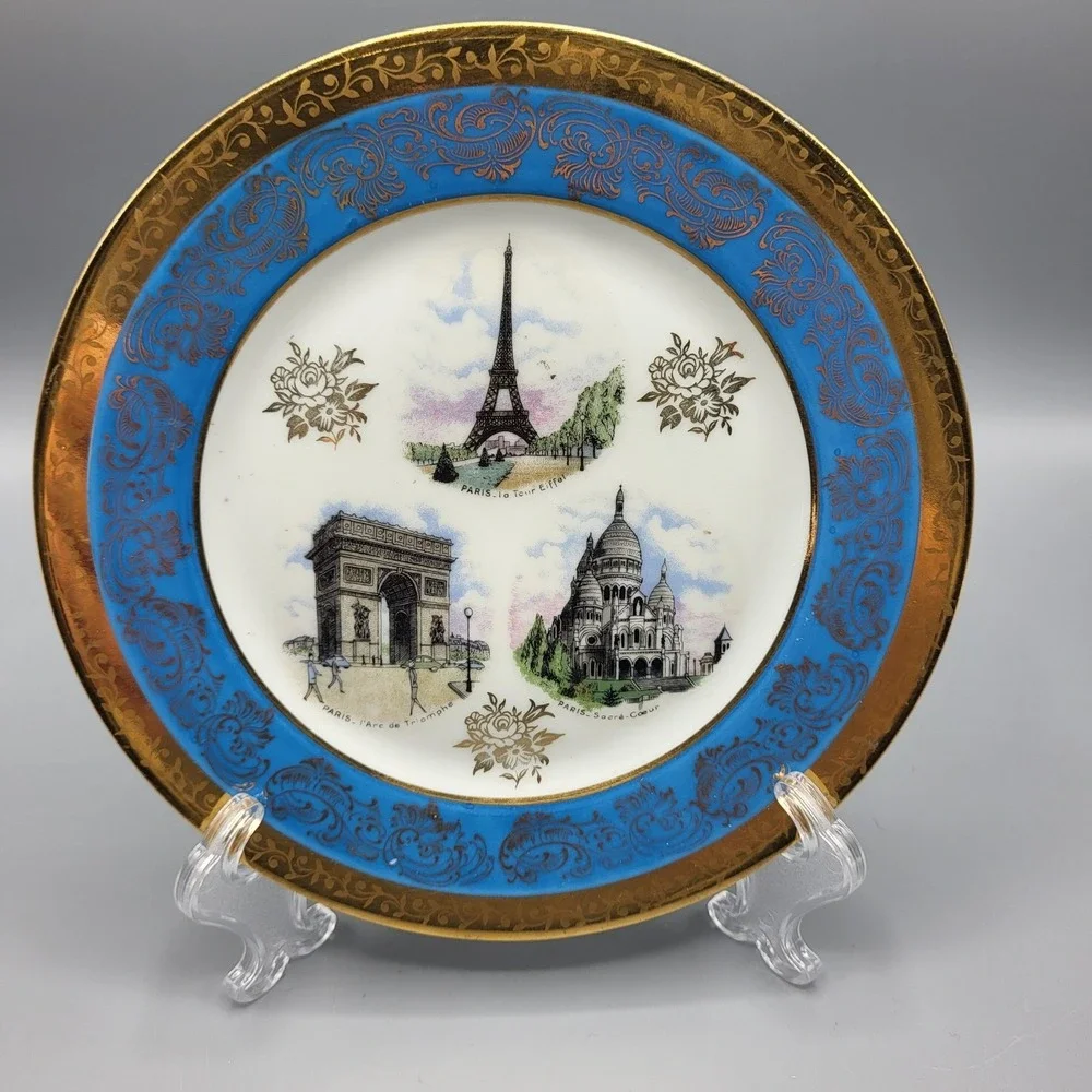Limoges Decorative Plate Paris Landmarks Eiffel Tower Gold Turquoise Blue France